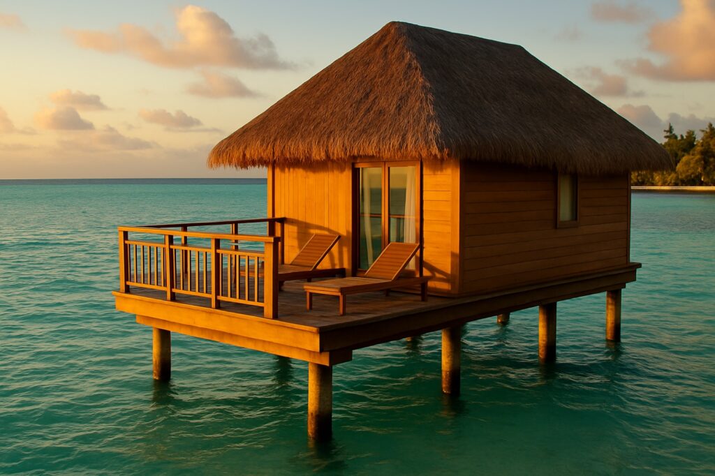 Romantischer Overwater-Bungalow über einer türkisen Lagune im Abendlicht
