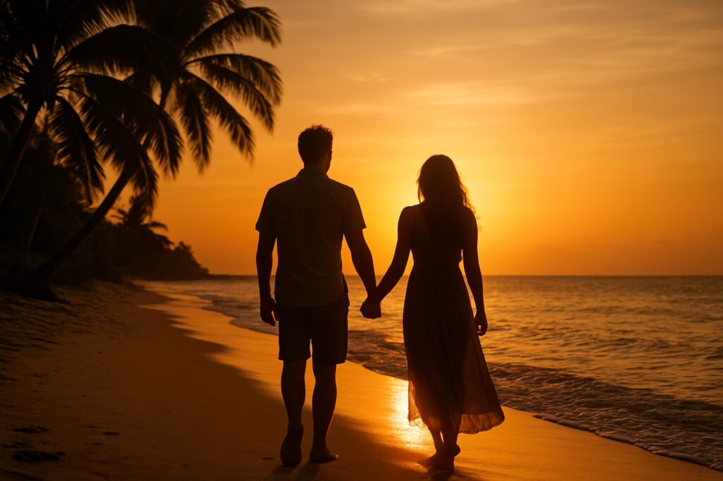 Frisch verheiratetes Paar spaziert bei Sonnenuntergang Hand in Hand am tropischen Strand