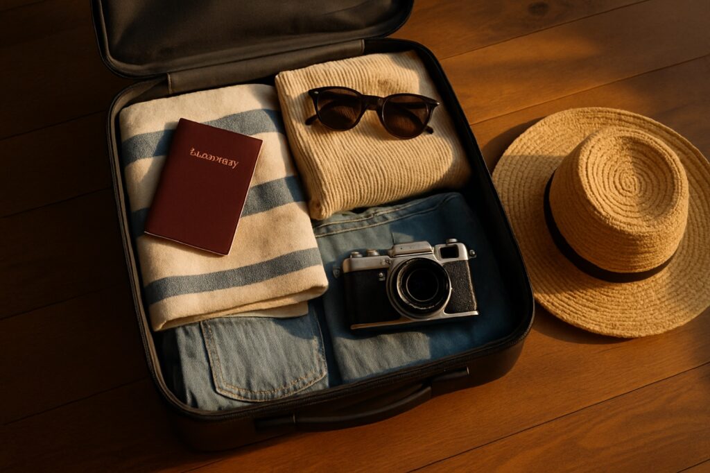 Ordentlich gepackter Koffer mit Reisepass, Sonnenbrille, Strohhut und Kamera