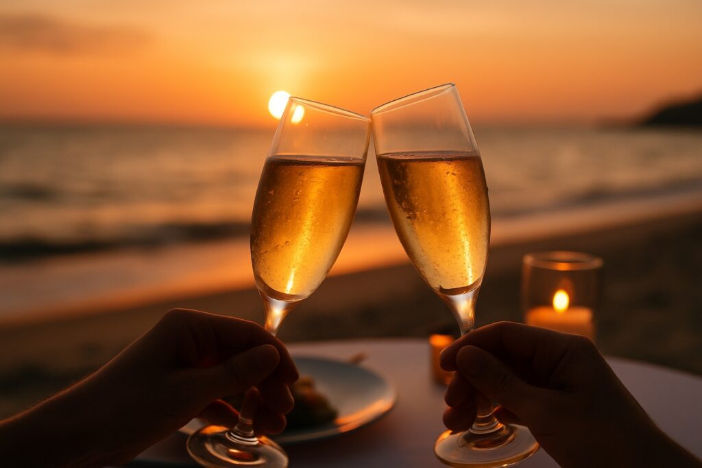 Zwei Gläser Sekt stoßen bei Sonnenuntergang am Strand an